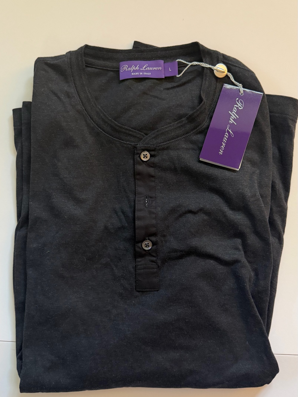 Ralph Lauren Purple Label Men’s Large Black Long Sleeve Henley Made in Italy NWT
